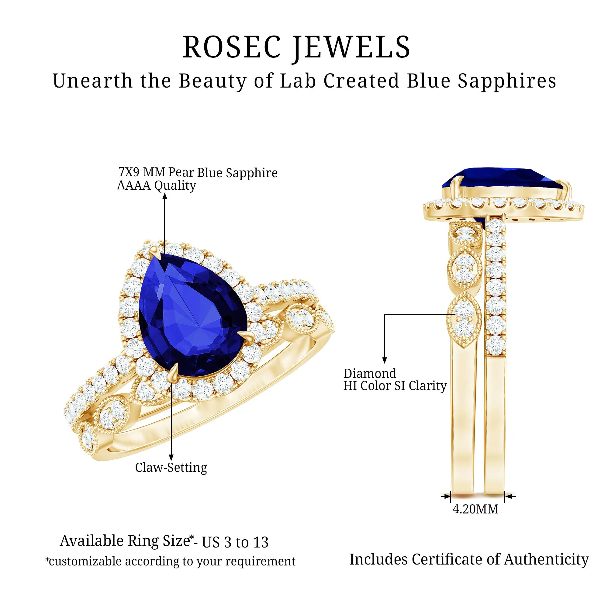 Lab Grown Blue Sapphire Pear Shaped Engagement Ring Set