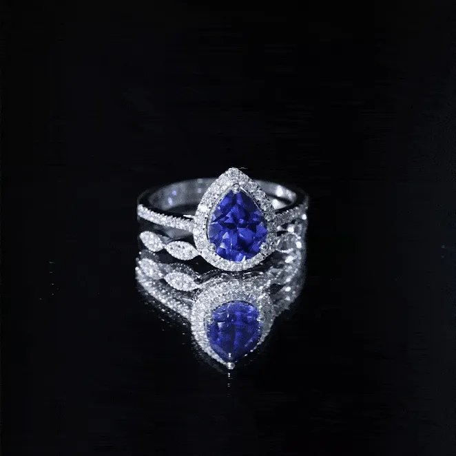 Lab Grown Blue Sapphire Pear Shaped Engagement Ring Set