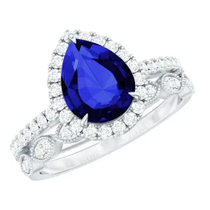 Lab Grown Blue Sapphire Pear Shaped Engagement Ring Set