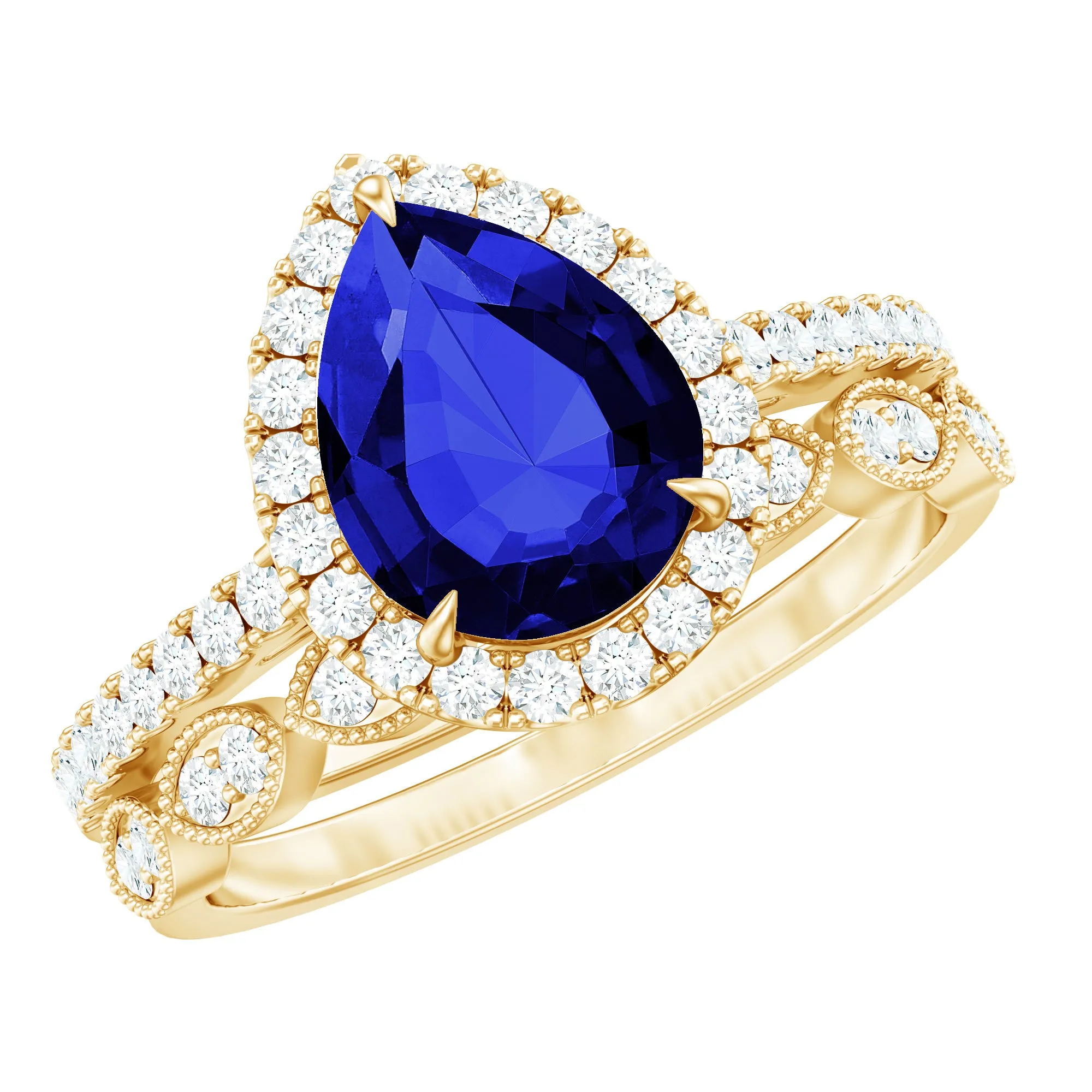 Lab Grown Blue Sapphire Pear Shaped Engagement Ring Set