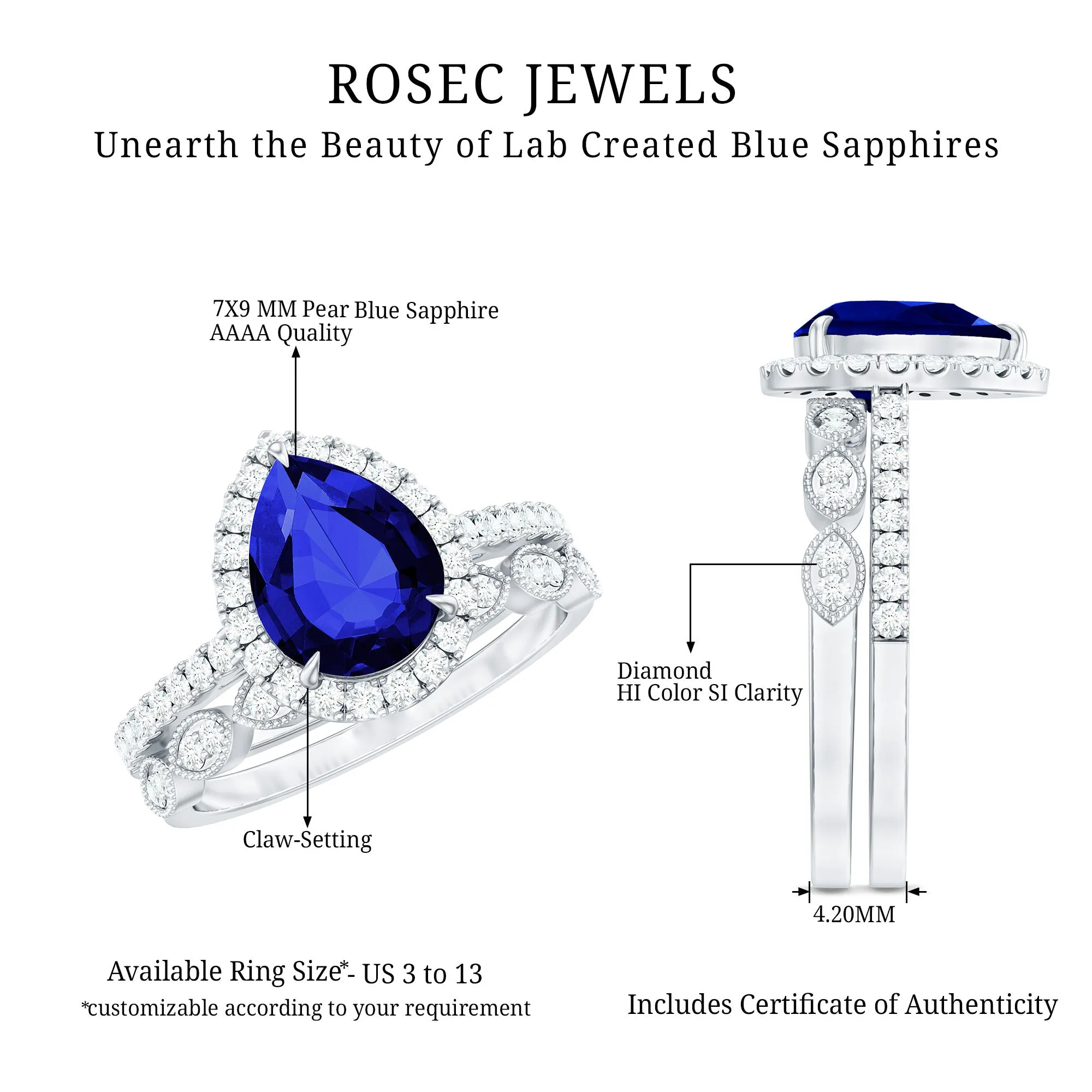 Lab Grown Blue Sapphire Pear Shaped Engagement Ring Set