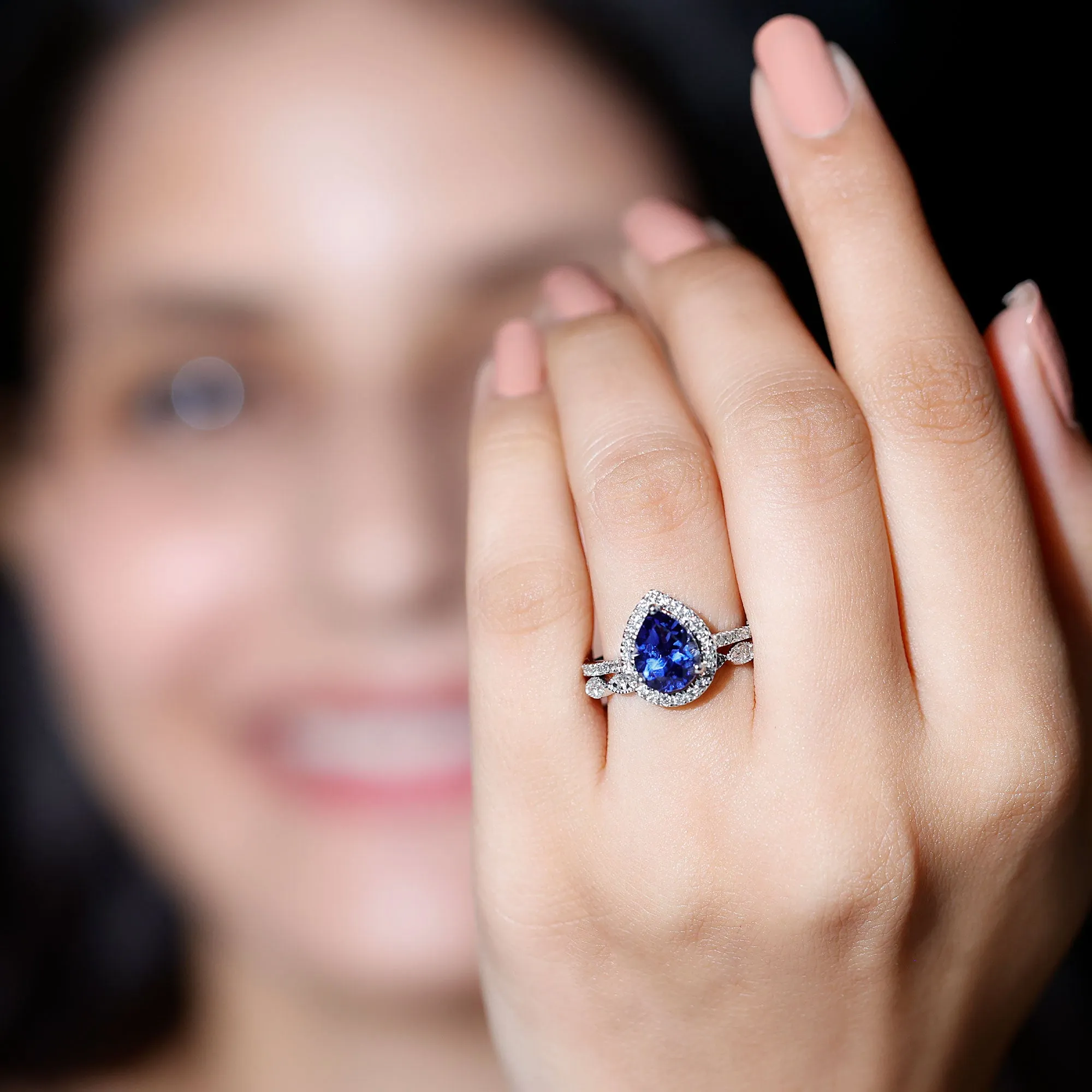 Lab Grown Blue Sapphire Pear Shaped Engagement Ring Set