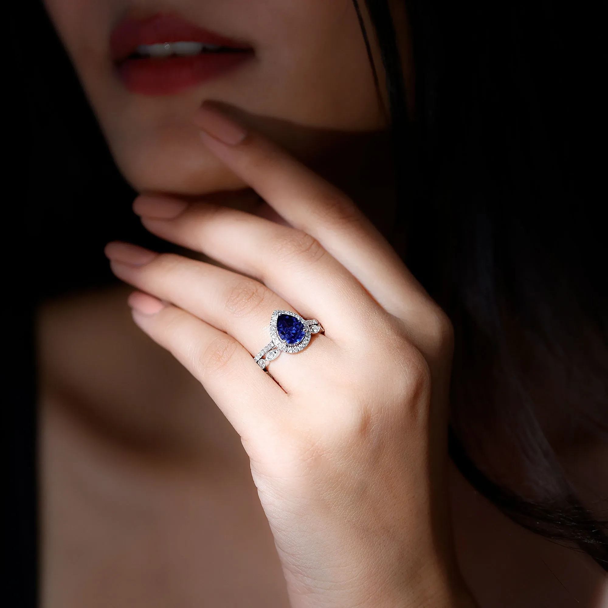 Lab Grown Blue Sapphire Pear Shaped Engagement Ring Set