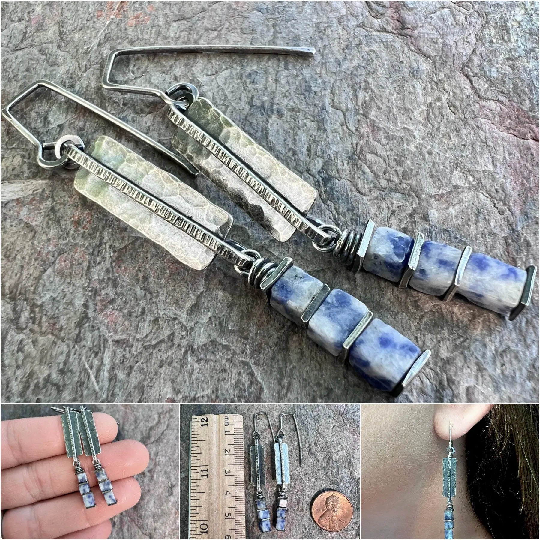 Lapis Lazuli Sterling Silver Earrings - Lapis Lazuli Cubes on Hammered Sterling Silver Rectangles