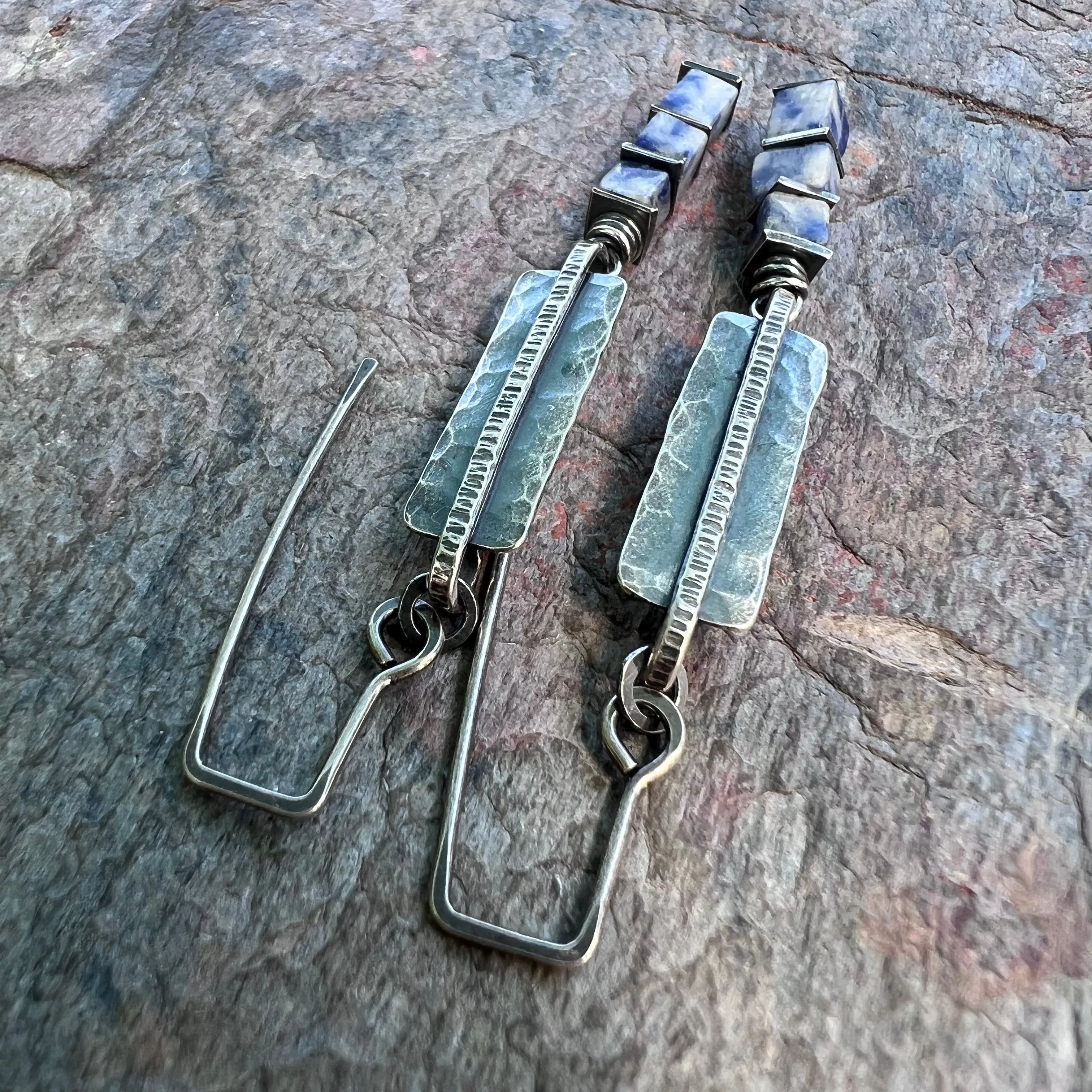 Lapis Lazuli Sterling Silver Earrings - Lapis Lazuli Cubes on Hammered Sterling Silver Rectangles