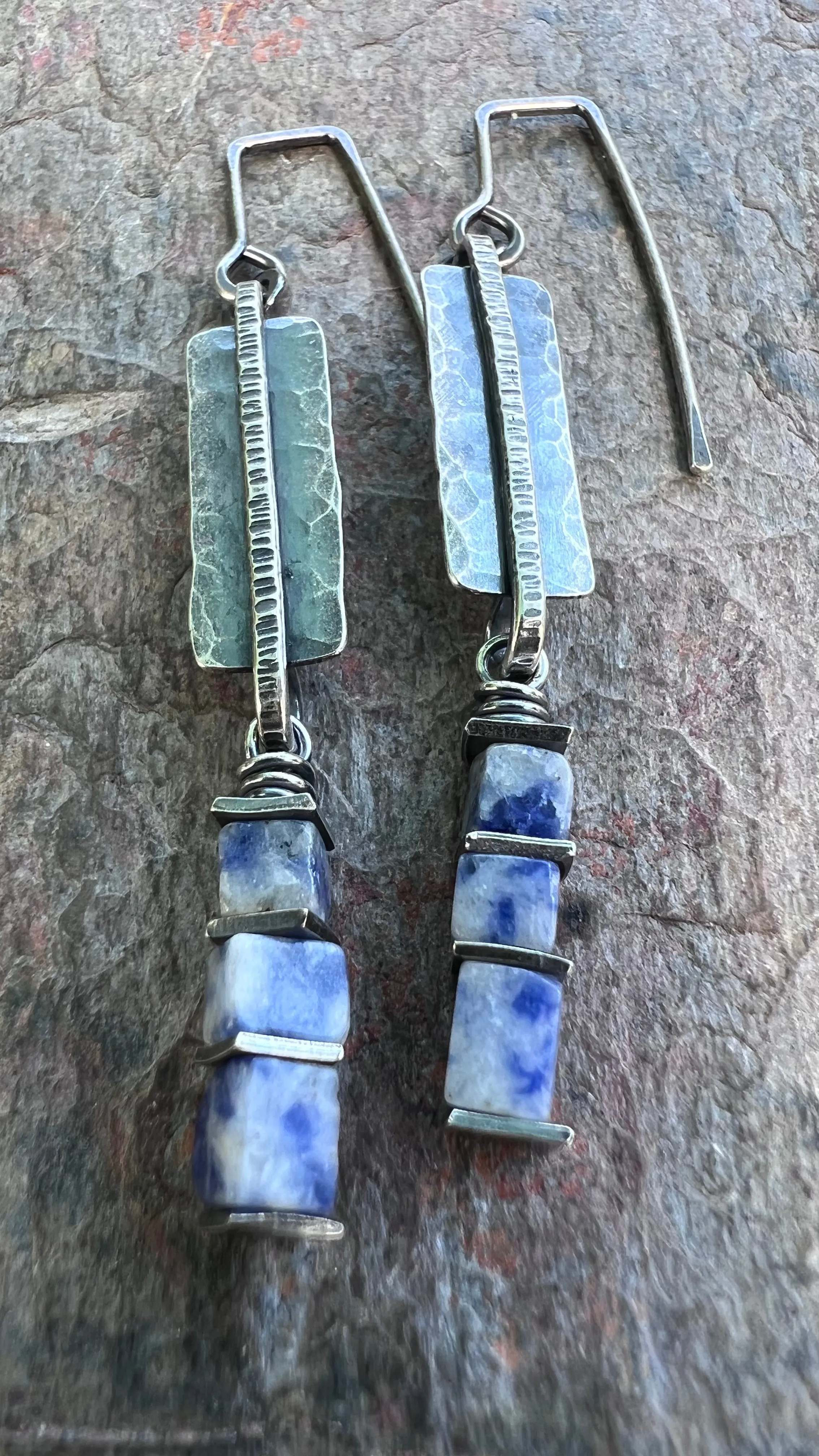 Lapis Lazuli Sterling Silver Earrings - Lapis Lazuli Cubes on Hammered Sterling Silver Rectangles