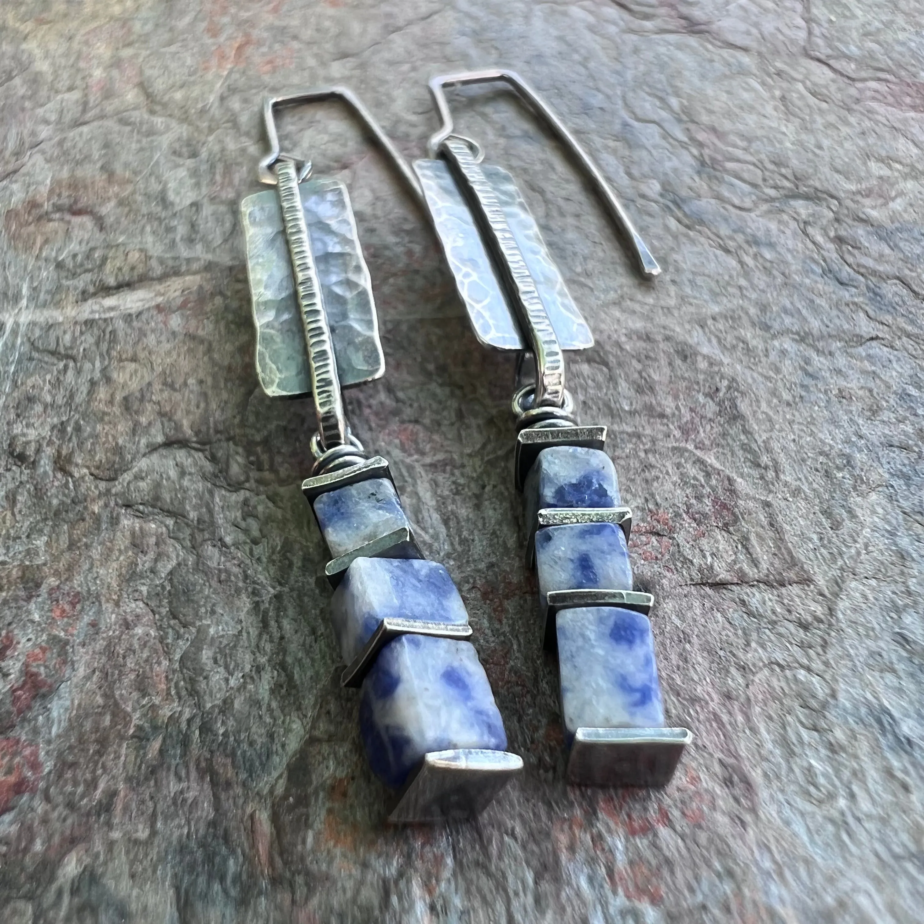 Lapis Lazuli Sterling Silver Earrings - Lapis Lazuli Cubes on Hammered Sterling Silver Rectangles