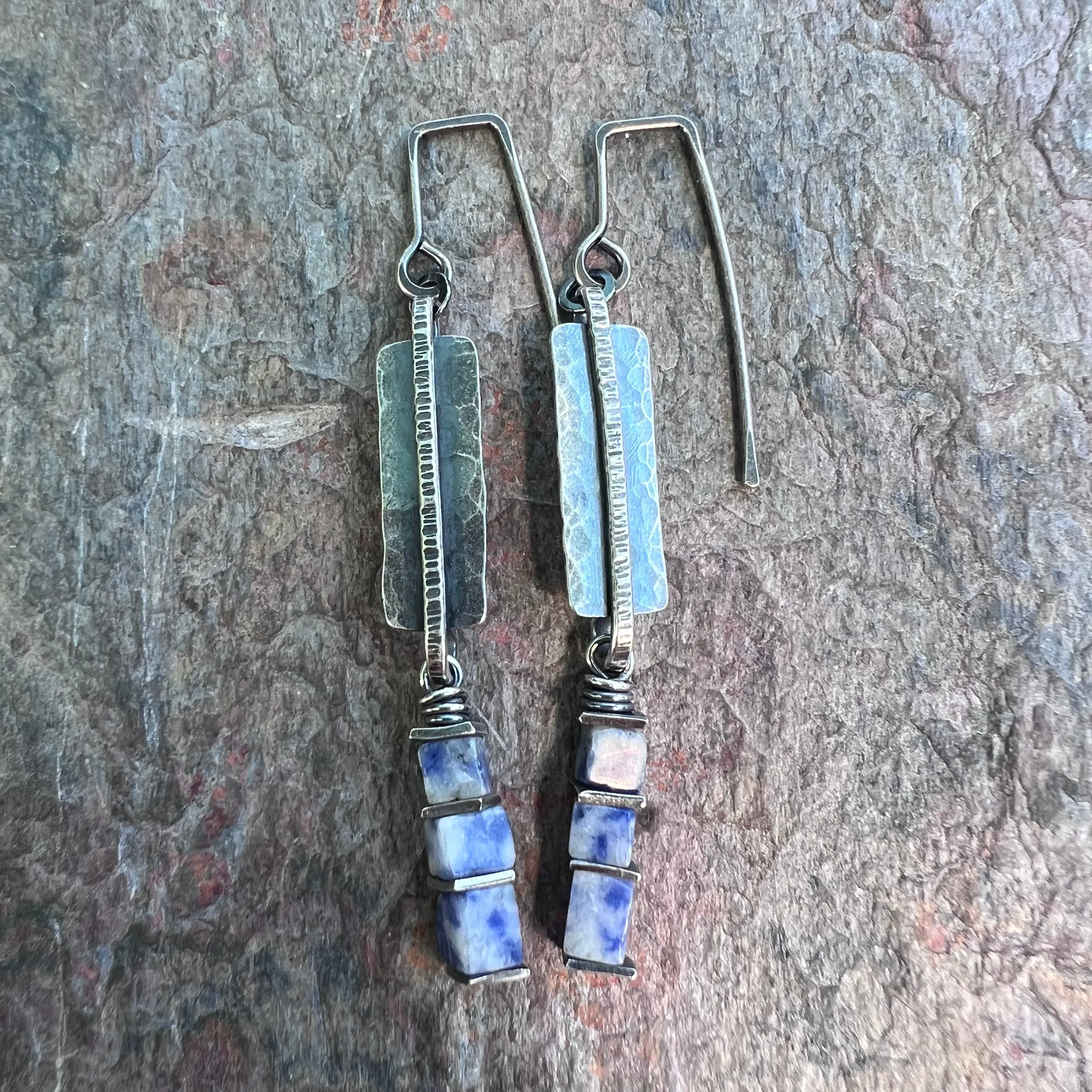 Lapis Lazuli Sterling Silver Earrings - Lapis Lazuli Cubes on Hammered Sterling Silver Rectangles
