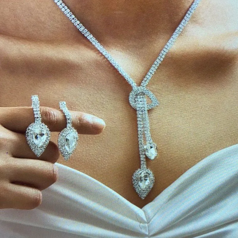 Luxury Glitter Rhinestone Necklace Earrings Sets for Wedding Party Brida Dress Accessories Eardrop Choker Ladies Gifts