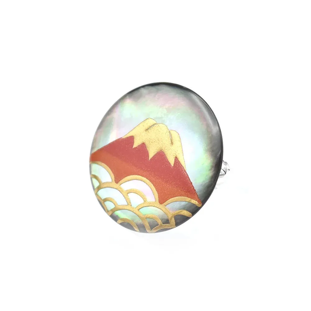 Maki-e Urushi Lacquer Brooch - Black Lip Oyster Pearl Shell / Mt. Fuji Red -, Traditional Japanese Urushi Lacquer Jewelry