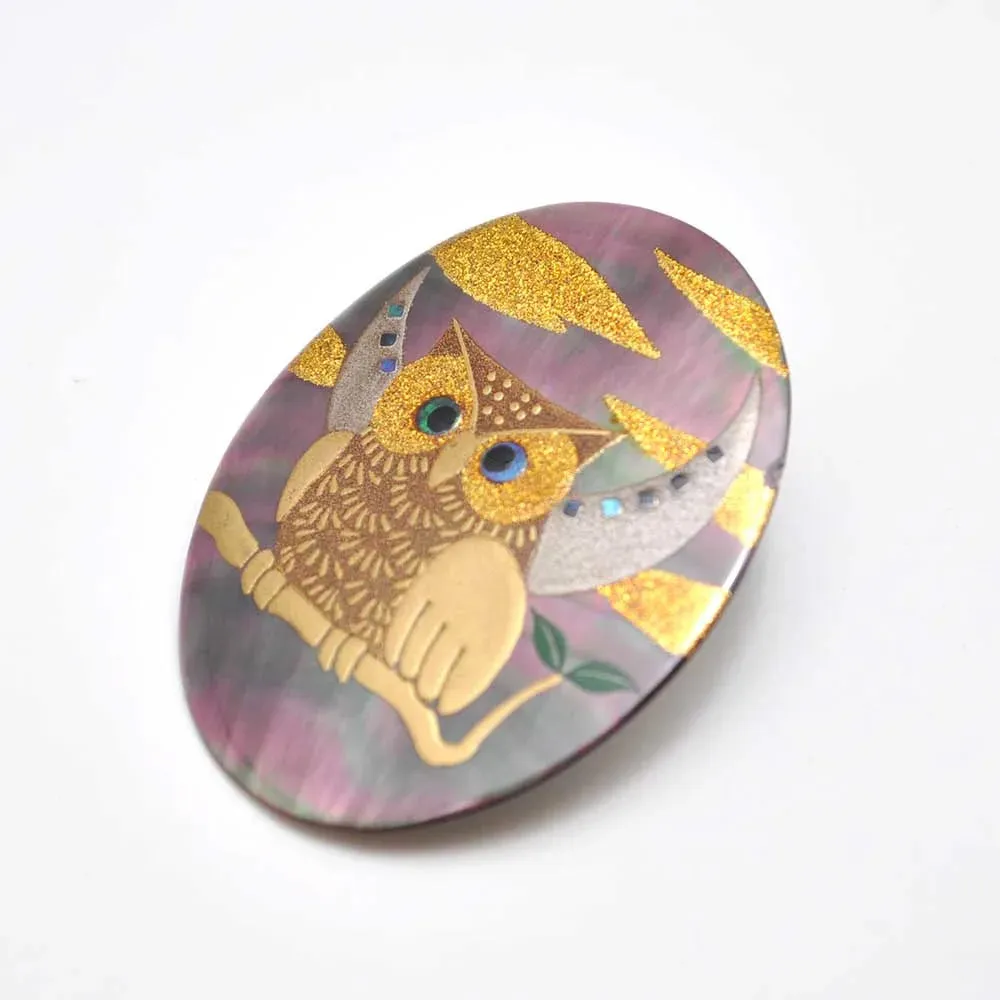 Maki-e Urushi Lacquer Brooch - Black Lip Oyster Pearl Shell / Owl -, Traditional Japanese Urushi Lacquer Jewelry