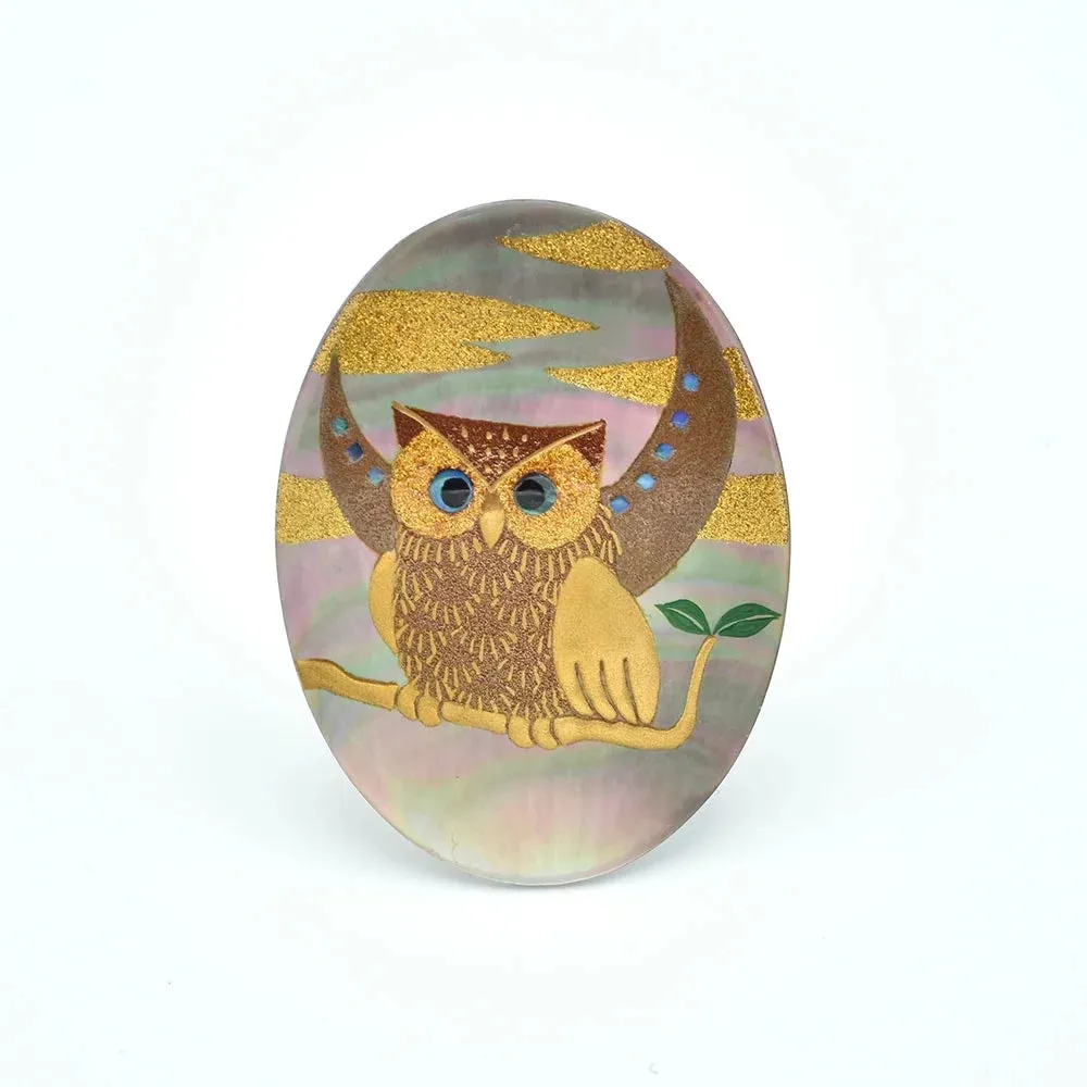 Maki-e Urushi Lacquer Brooch - Black Lip Oyster Pearl Shell / Owl -, Traditional Japanese Urushi Lacquer Jewelry