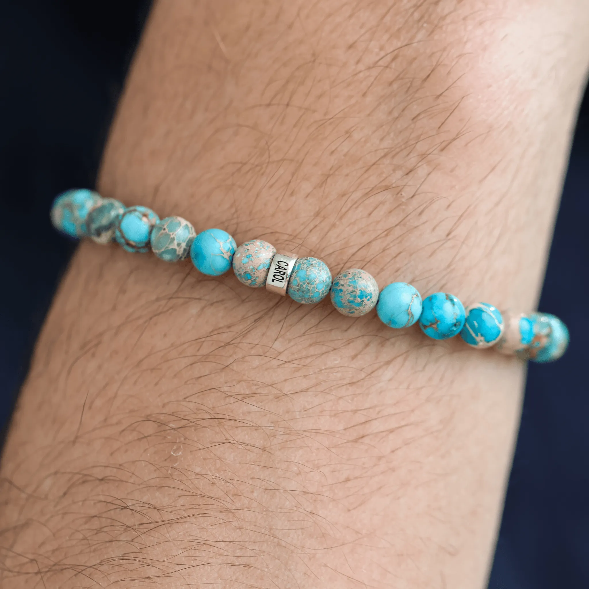 Men's Turquoise Imperial Jasper Engravable Bead Bracelet - 925 Sterling Silver