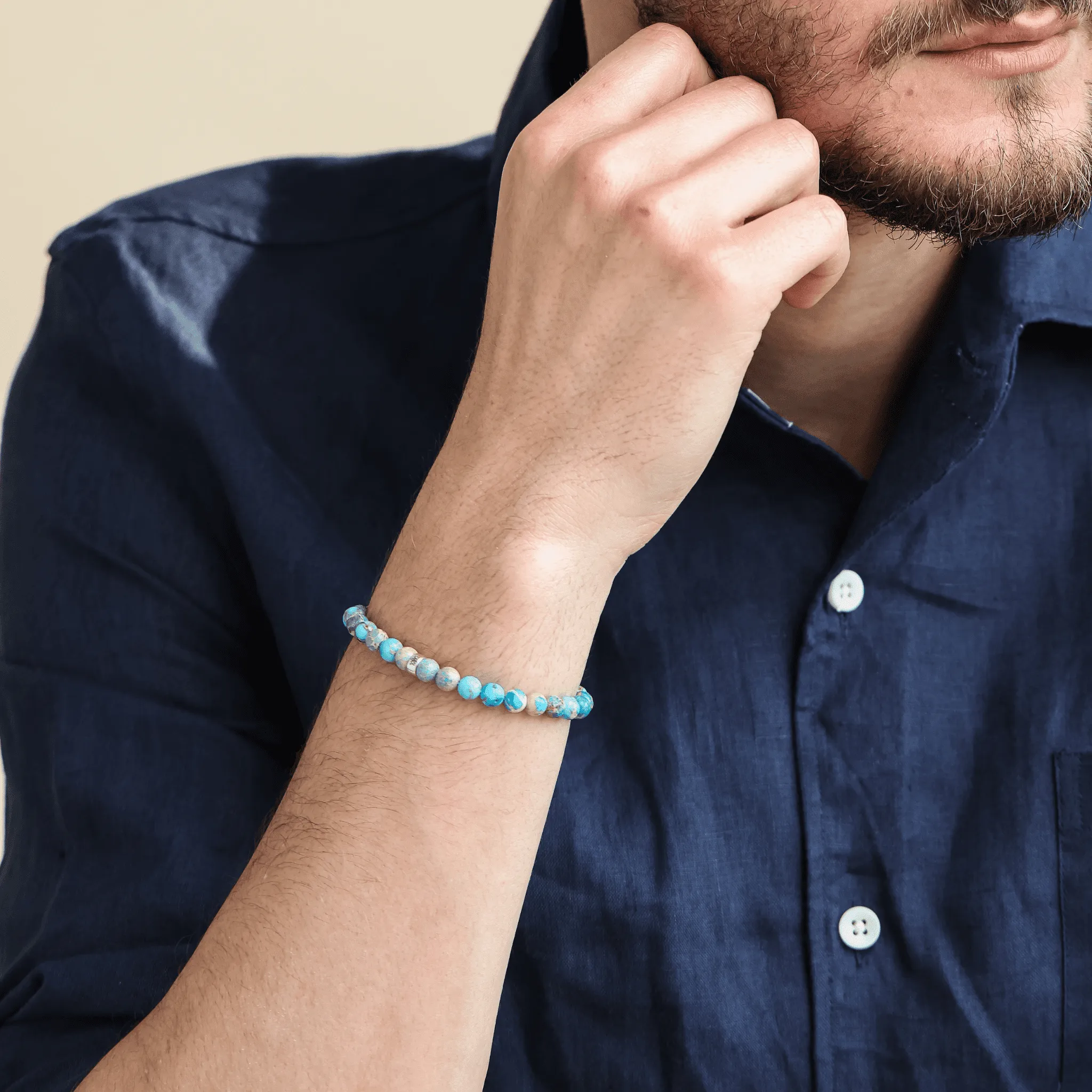 Men's Turquoise Imperial Jasper Engravable Bead Bracelet - 925 Sterling Silver