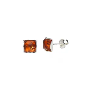 MILENA Stud Earrings Silver and Cognac Amber Mini Square 4mm
