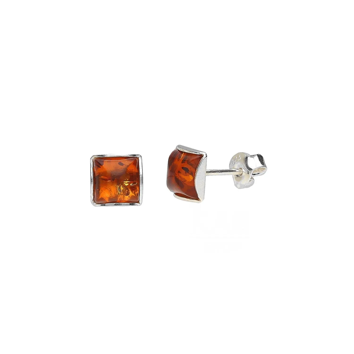 MILENA Stud Earrings Silver and Cognac Amber Mini Square 4mm