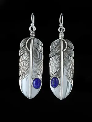 Navajo Sterling Silver Lapis Feather Dangle Earrings