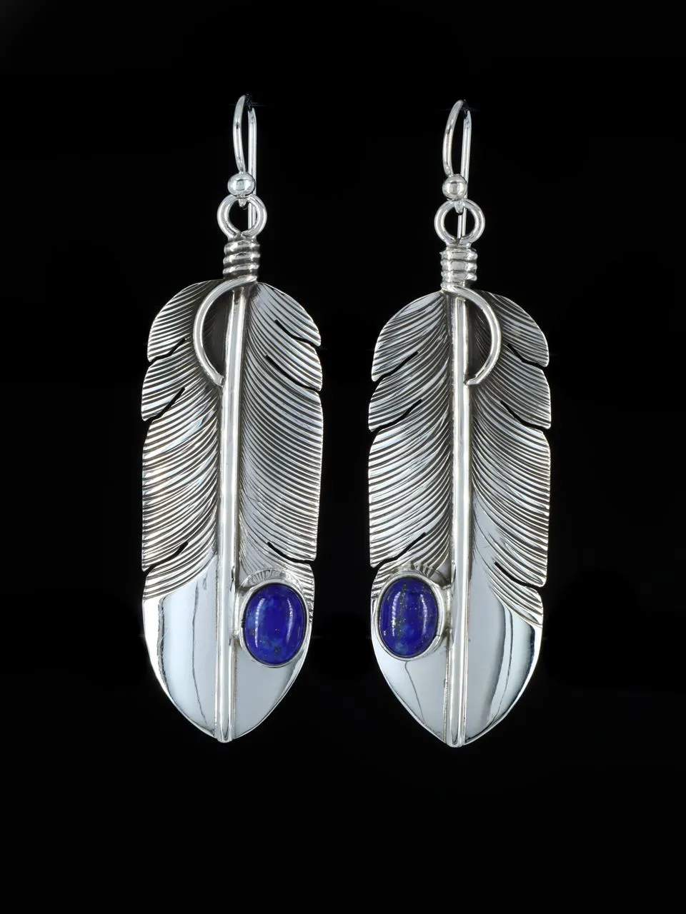 Navajo Sterling Silver Lapis Feather Dangle Earrings