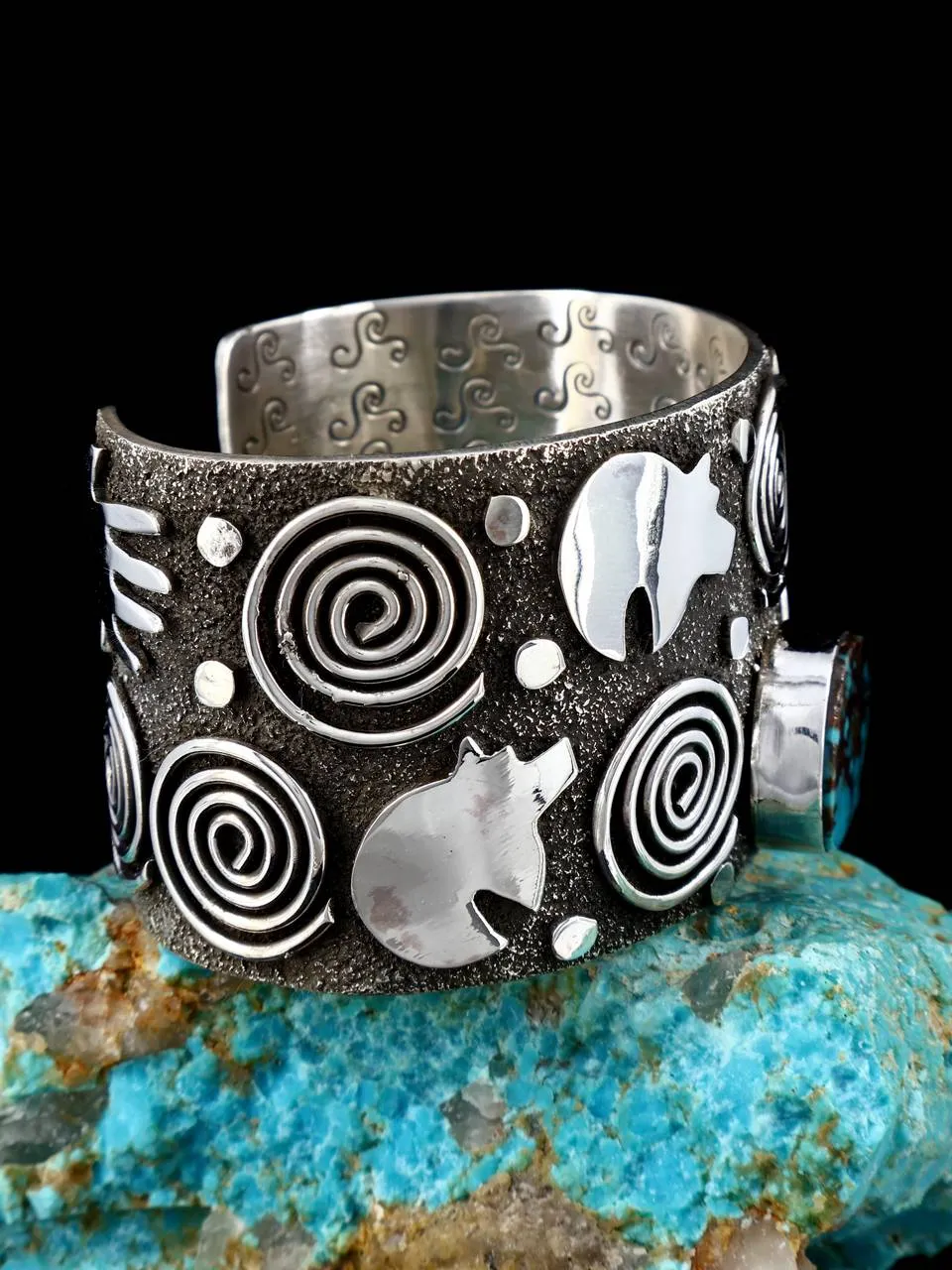 Navajo Sterling Silver Pilot Mountain Turquoise Petroglyph Cuff Bracelet