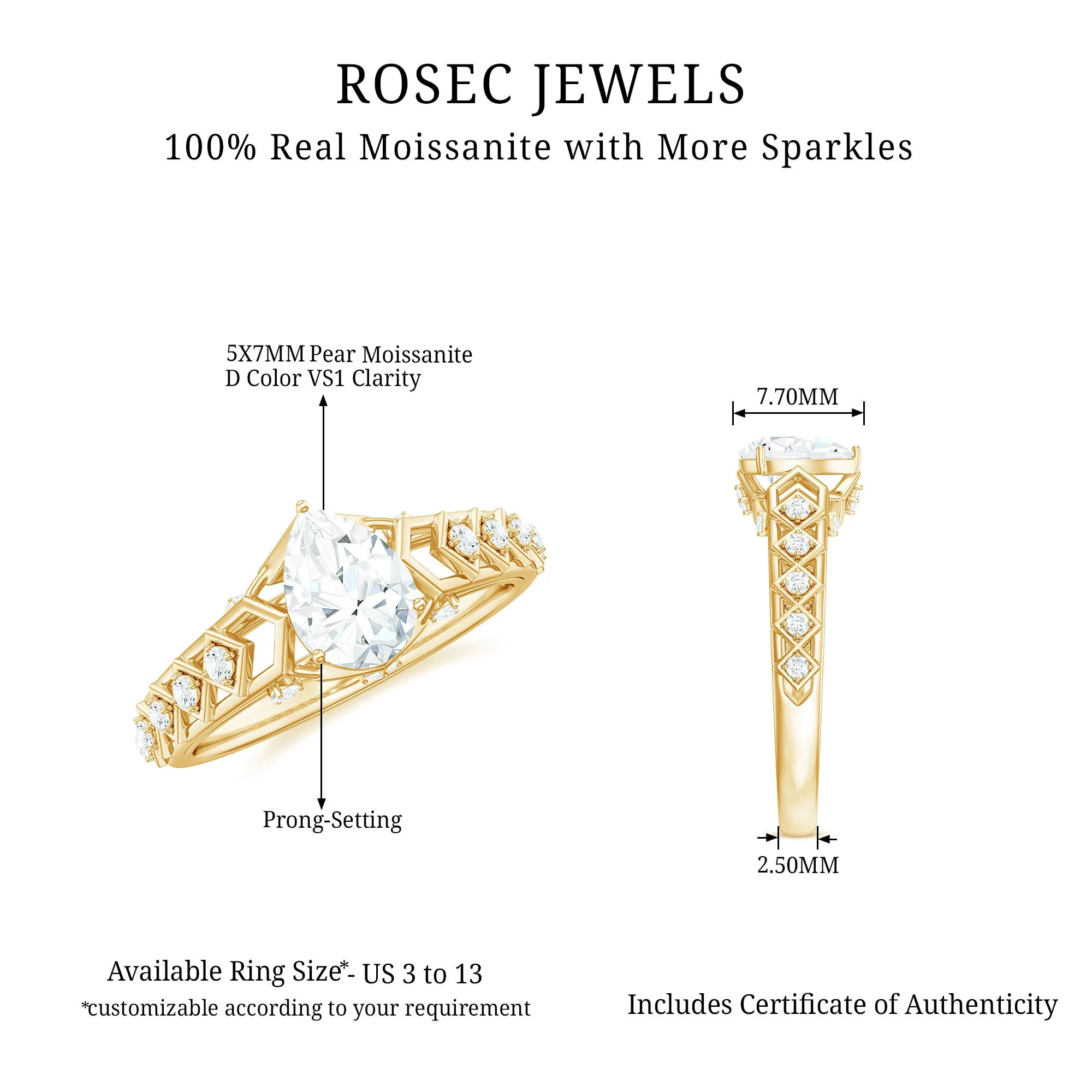 Pear Cut Certified Moissanite Gold Solitaire Engagement Ring