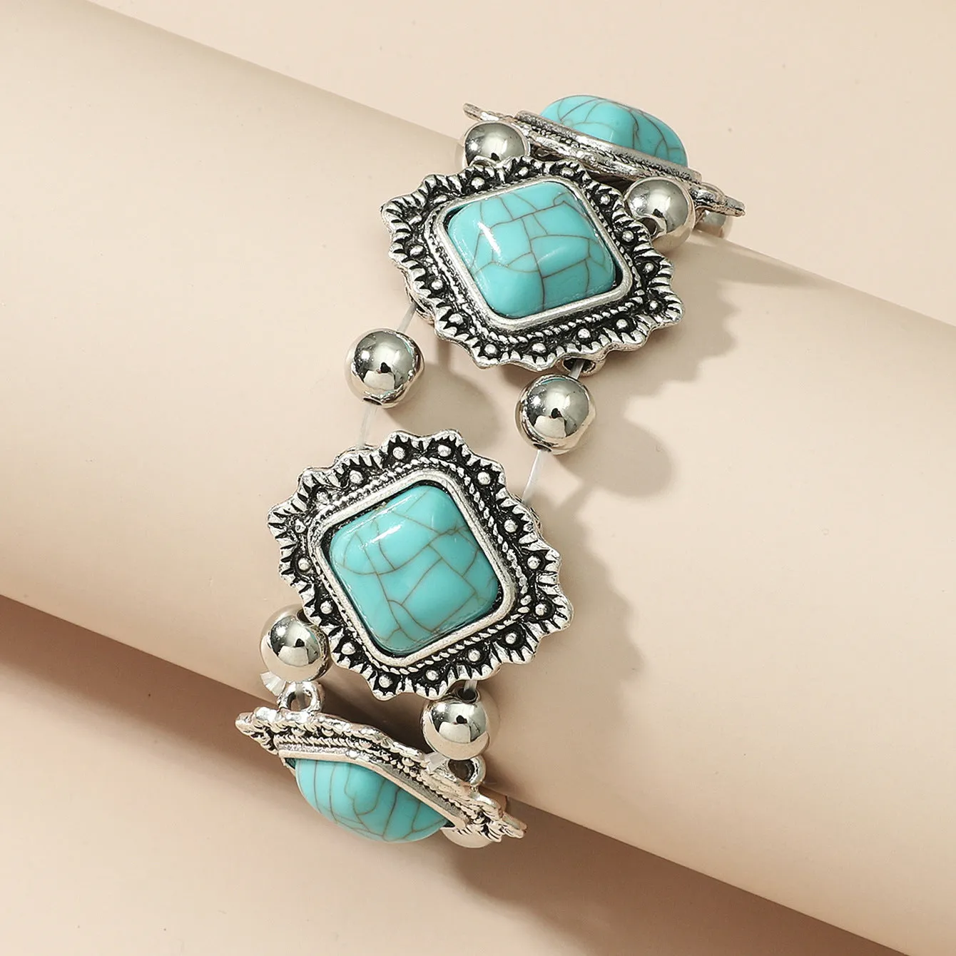 Personality vintage geometric turquoise stretch bracelet women's bohemian bracelet jewelry