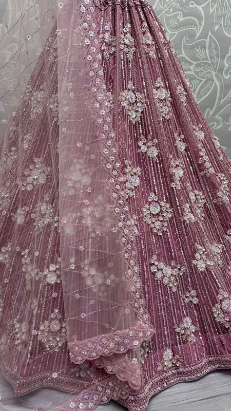 Pink Bridal Net Lehenga with Stunning Embroidery and Stone Work