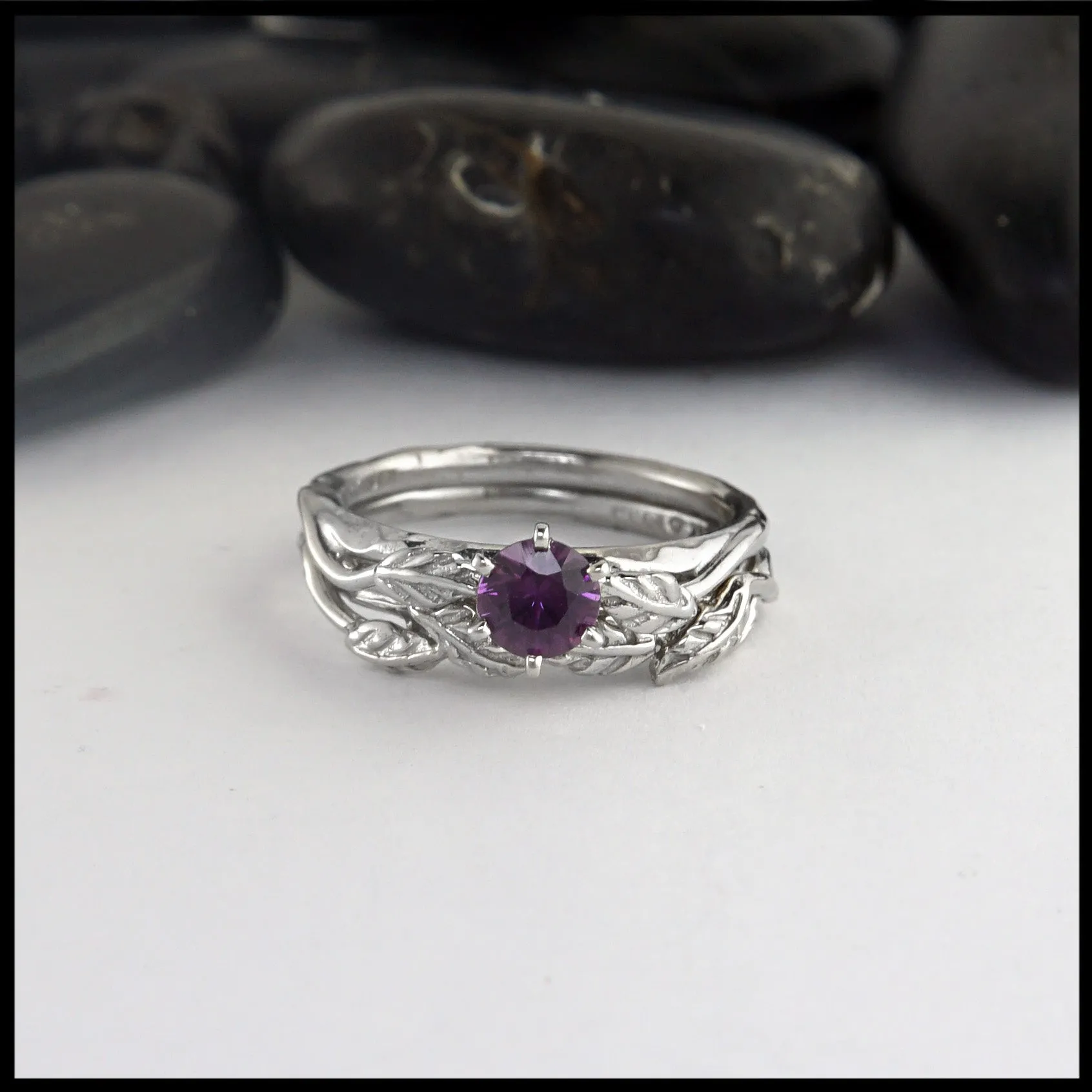 Pink Sapphire Leaf and Vine Wedding Set