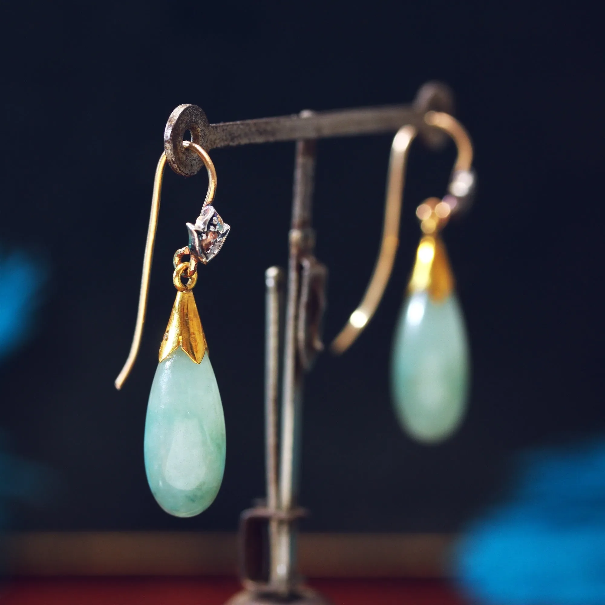 Precious Vintage Jade & Diamond Drop Earrings