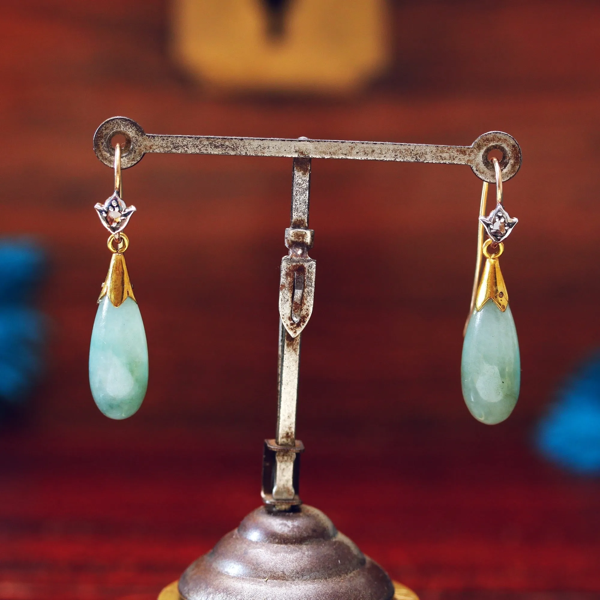 Precious Vintage Jade & Diamond Drop Earrings