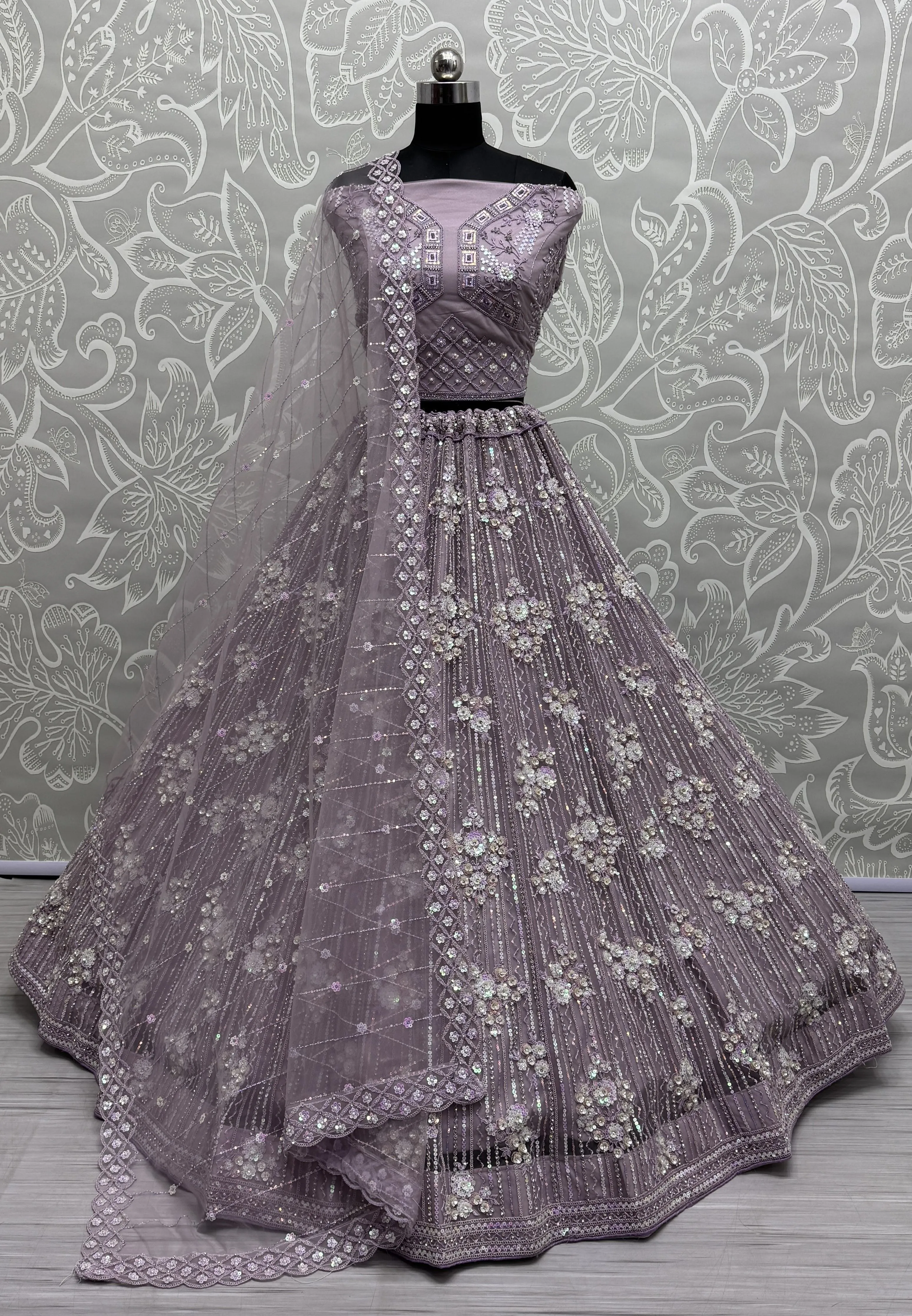 PurpleI Bridal Net Lehenga with Stunning Embroidery and Stone Work