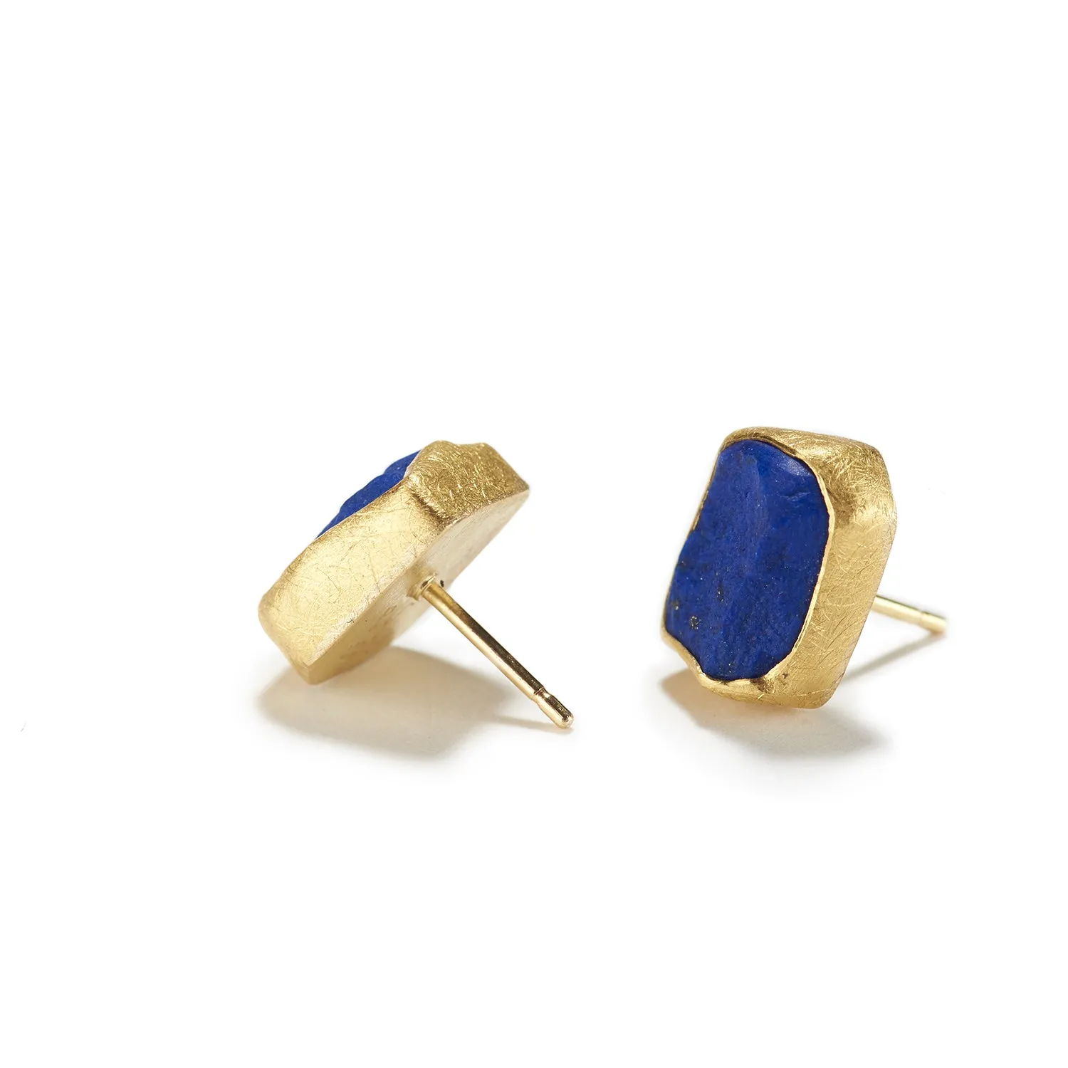 Rectangular Rough Lapis Stud Earrings