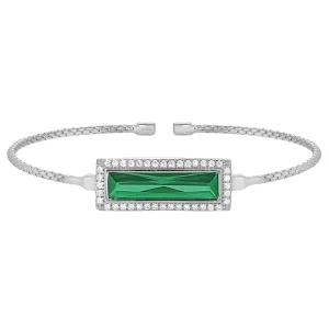 Rhodium Finish Sterling Silver Cable Cuff Bracelet with Rectangular Simulated Emerald Stone and Simulated Diamonds