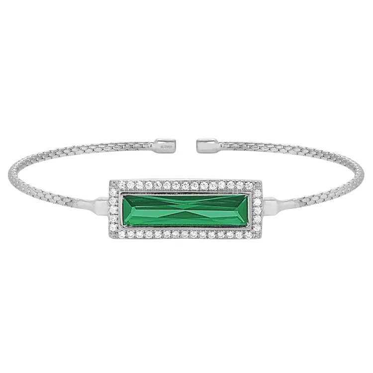 Rhodium Finish Sterling Silver Cable Cuff Bracelet with Rectangular Simulated Emerald Stone and Simulated Diamonds
