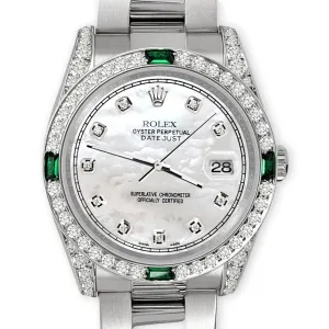 Rolex Datejust 36mm Steel Watch Diamonds &amp; Emeralds Bezel/Lugs/White MOP Diamond TFJ-142508498