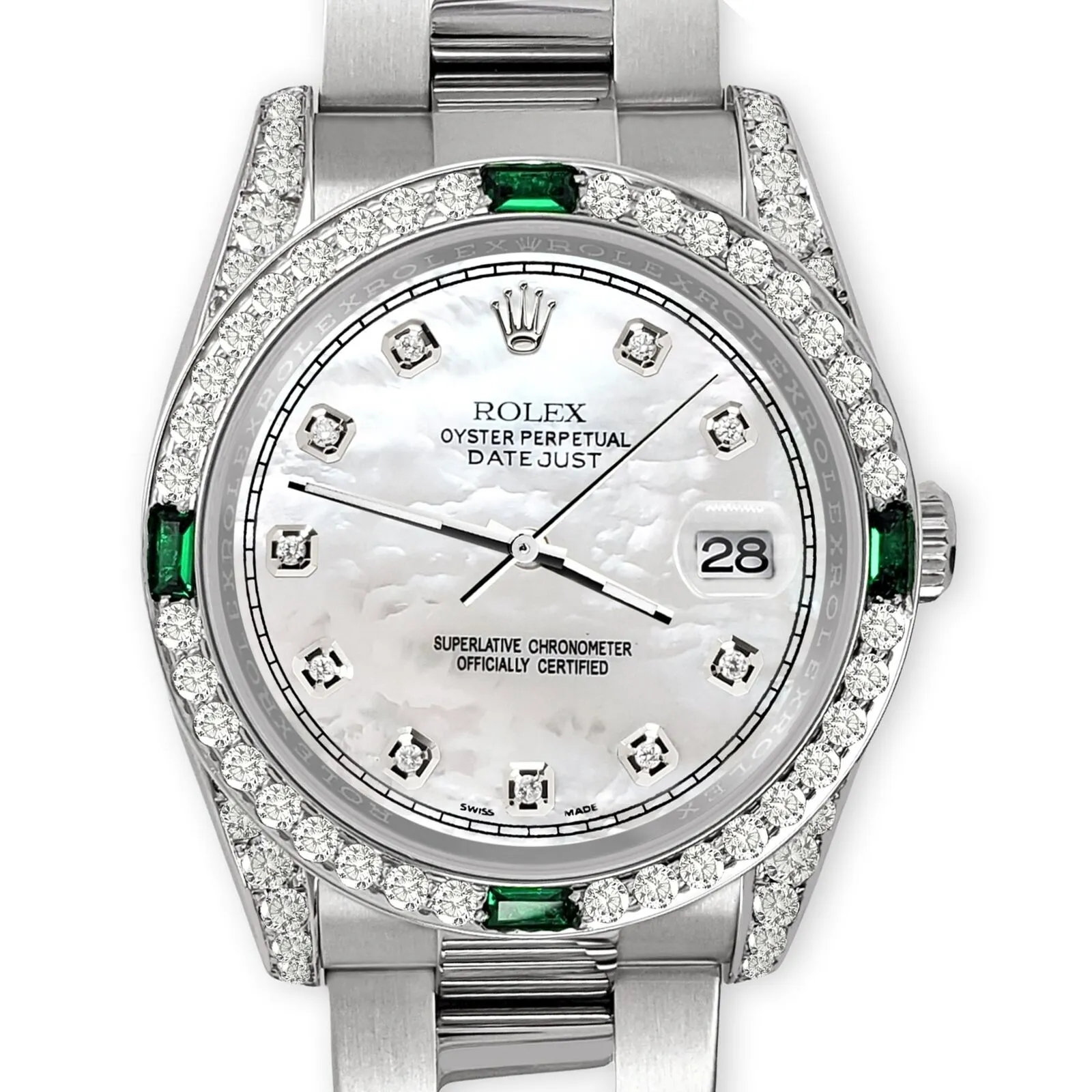 Rolex Datejust 36mm Steel Watch Diamonds &amp; Emeralds Bezel/Lugs/White MOP Diamond TFJ-142508498
