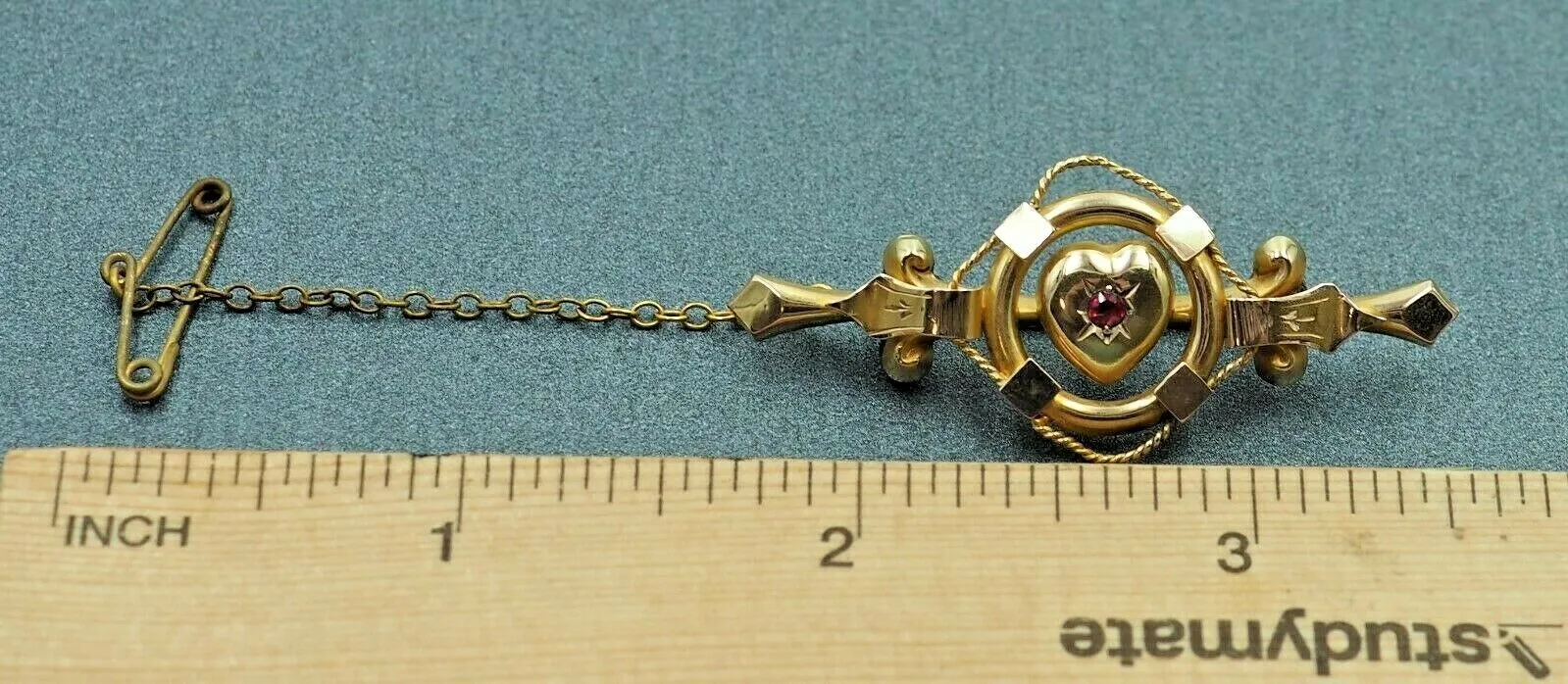 Ruby 9ct Yellow Gold Brooch with Safety Chain