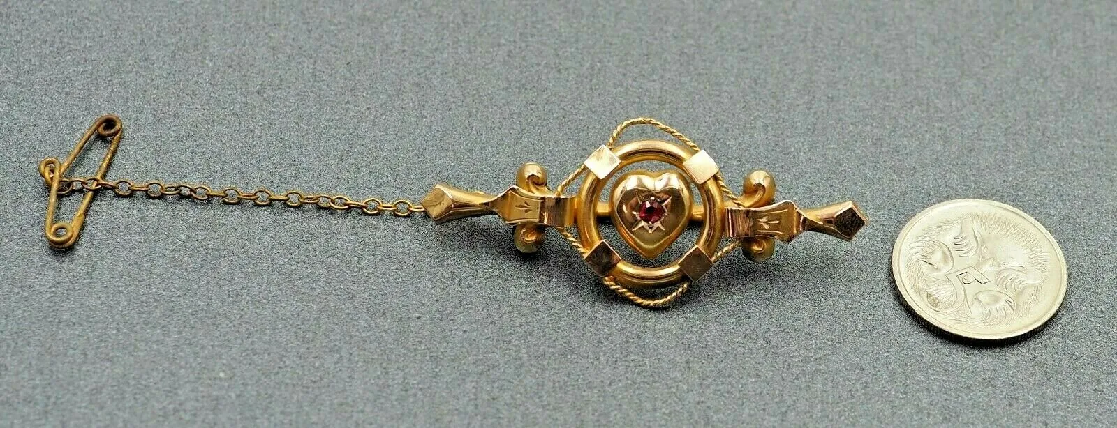 Ruby 9ct Yellow Gold Brooch with Safety Chain
