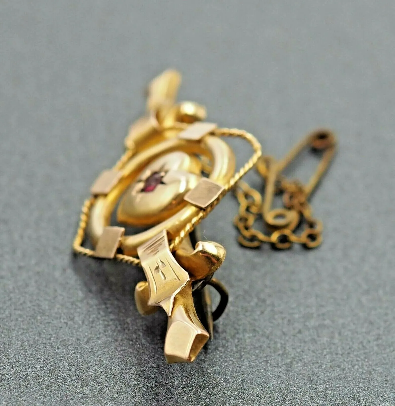 Ruby 9ct Yellow Gold Brooch with Safety Chain