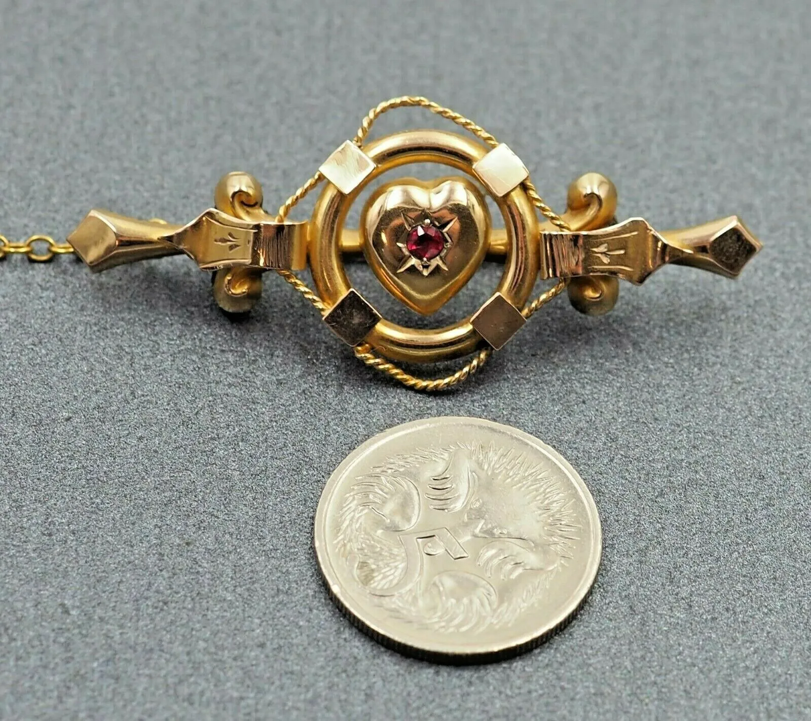 Ruby 9ct Yellow Gold Brooch with Safety Chain