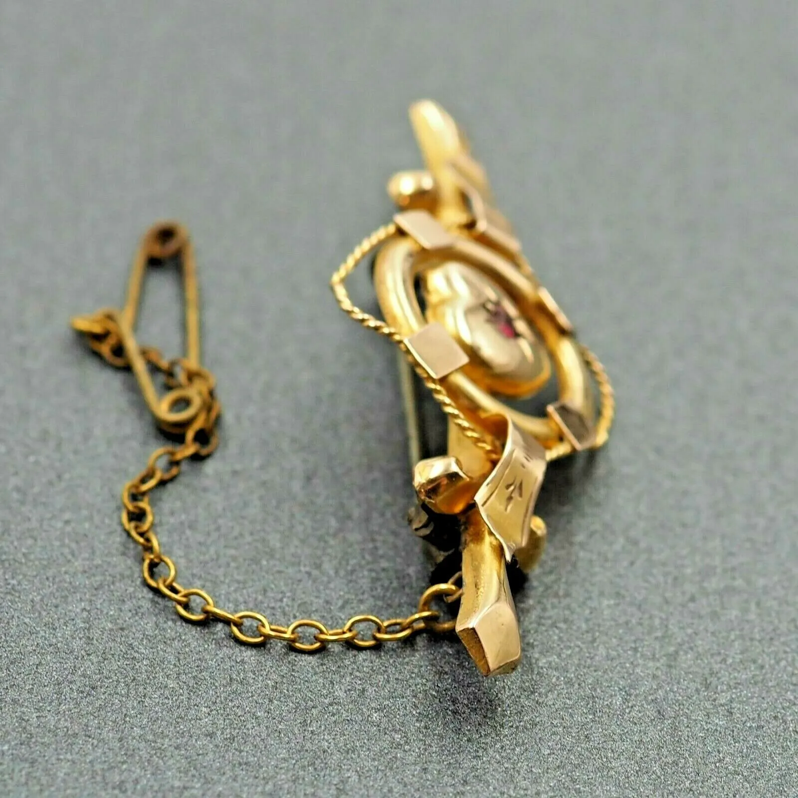 Ruby 9ct Yellow Gold Brooch with Safety Chain