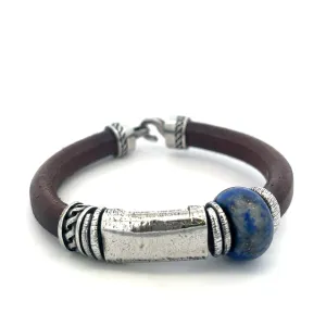 Silver, Lapis and Brown Leather Bracelet