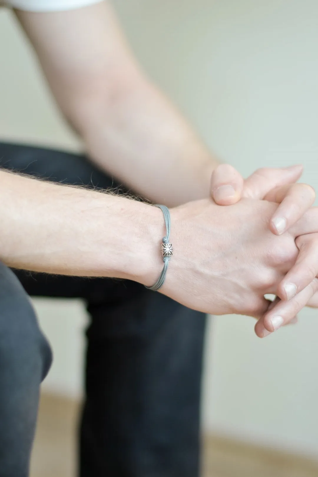 Silver UK bracelet for men, gray cord