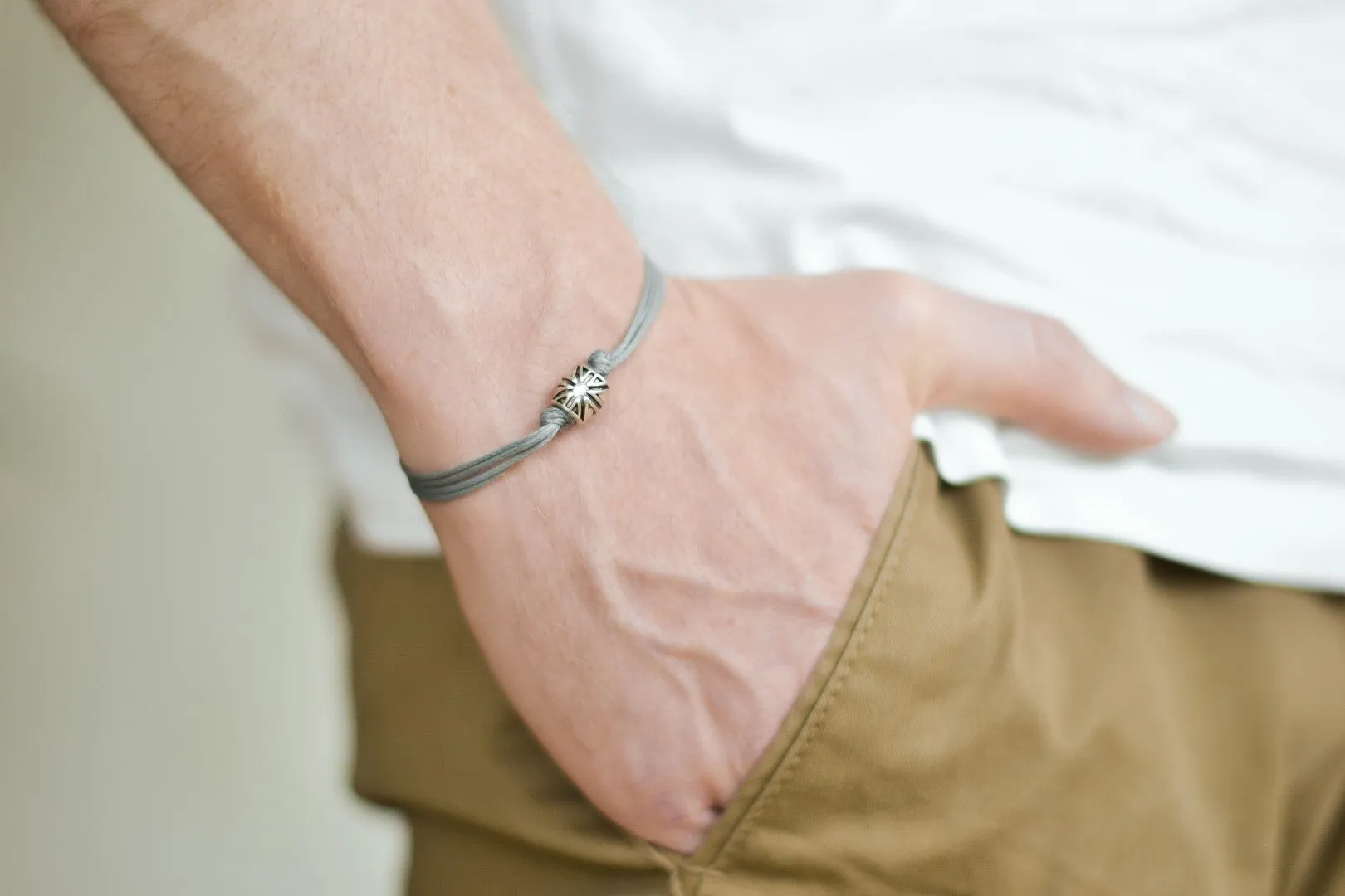 Silver UK bracelet for men, gray cord
