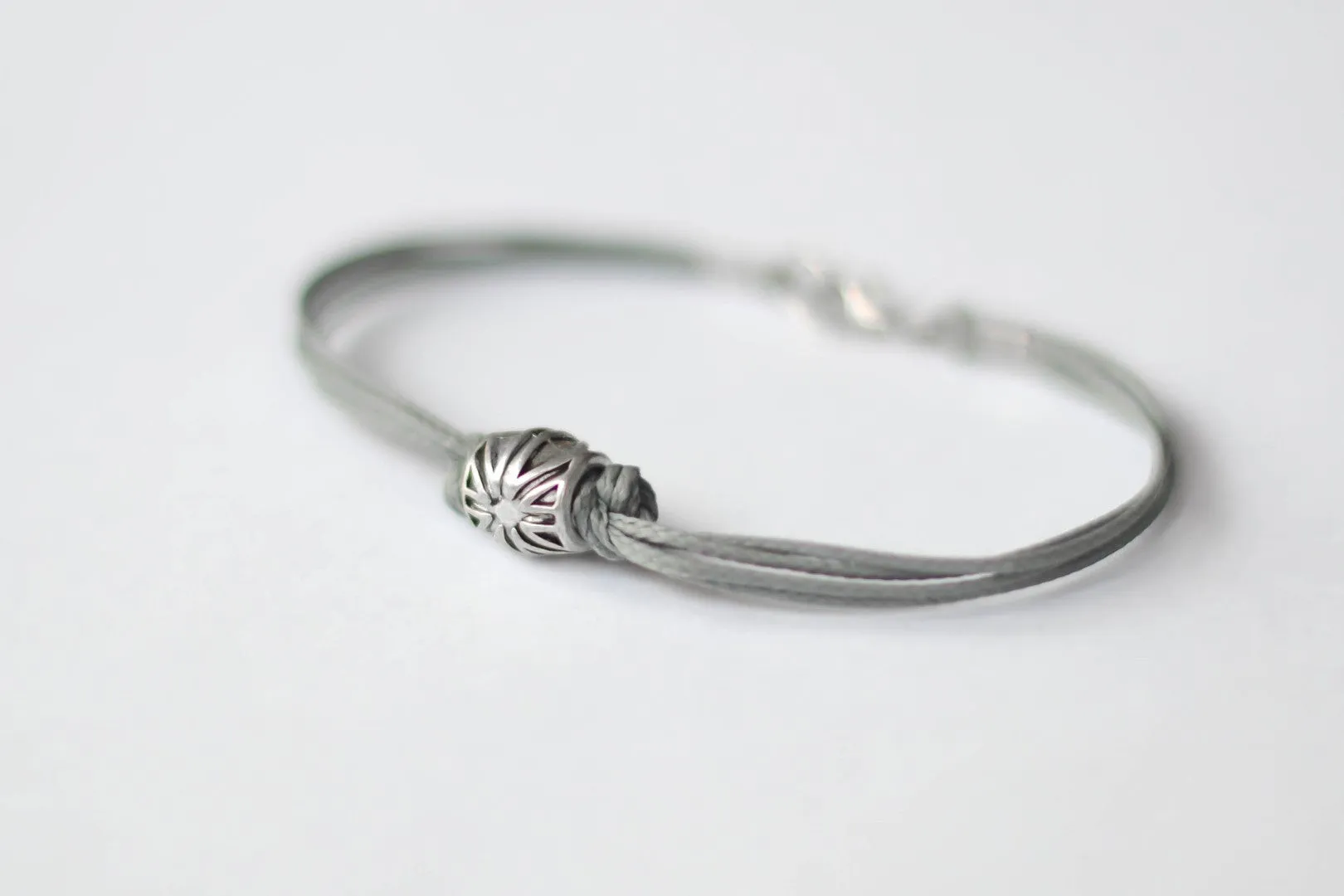 Silver UK bracelet for men, gray cord