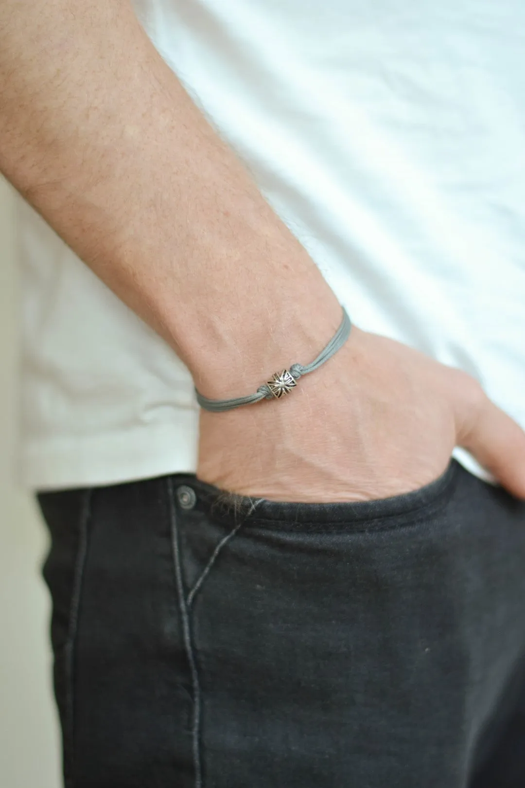 Silver UK bracelet for men, gray cord