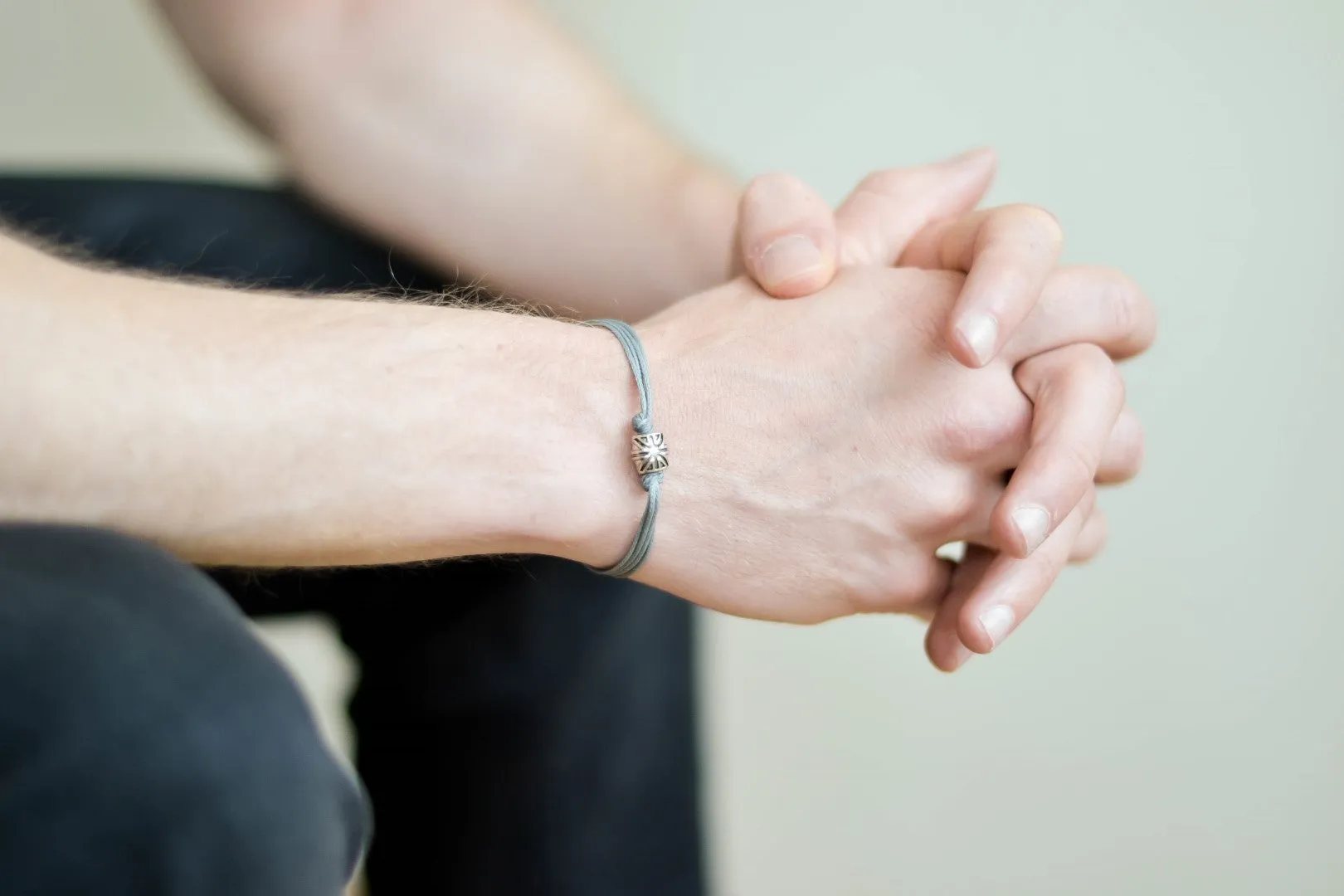 Silver UK bracelet for men, gray cord