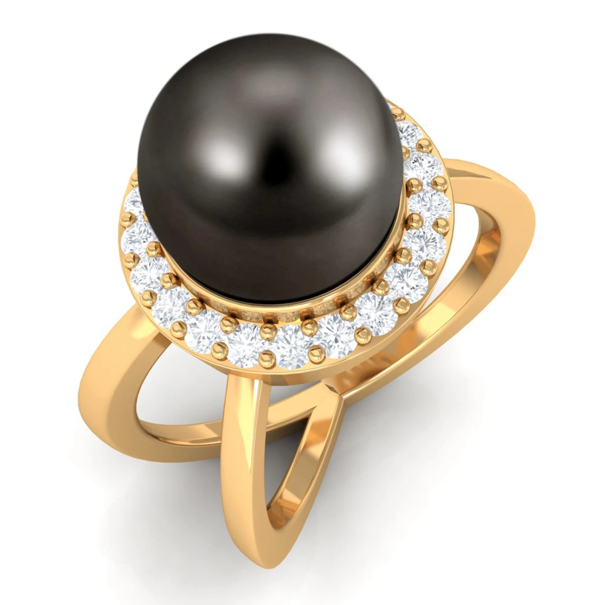 Split Shank Tahitian Pearl Solitaire with Diamond Halo Ring