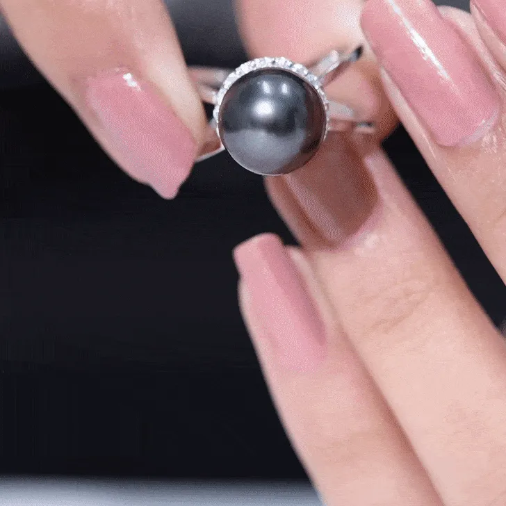 Split Shank Tahitian Pearl Solitaire with Diamond Halo Ring