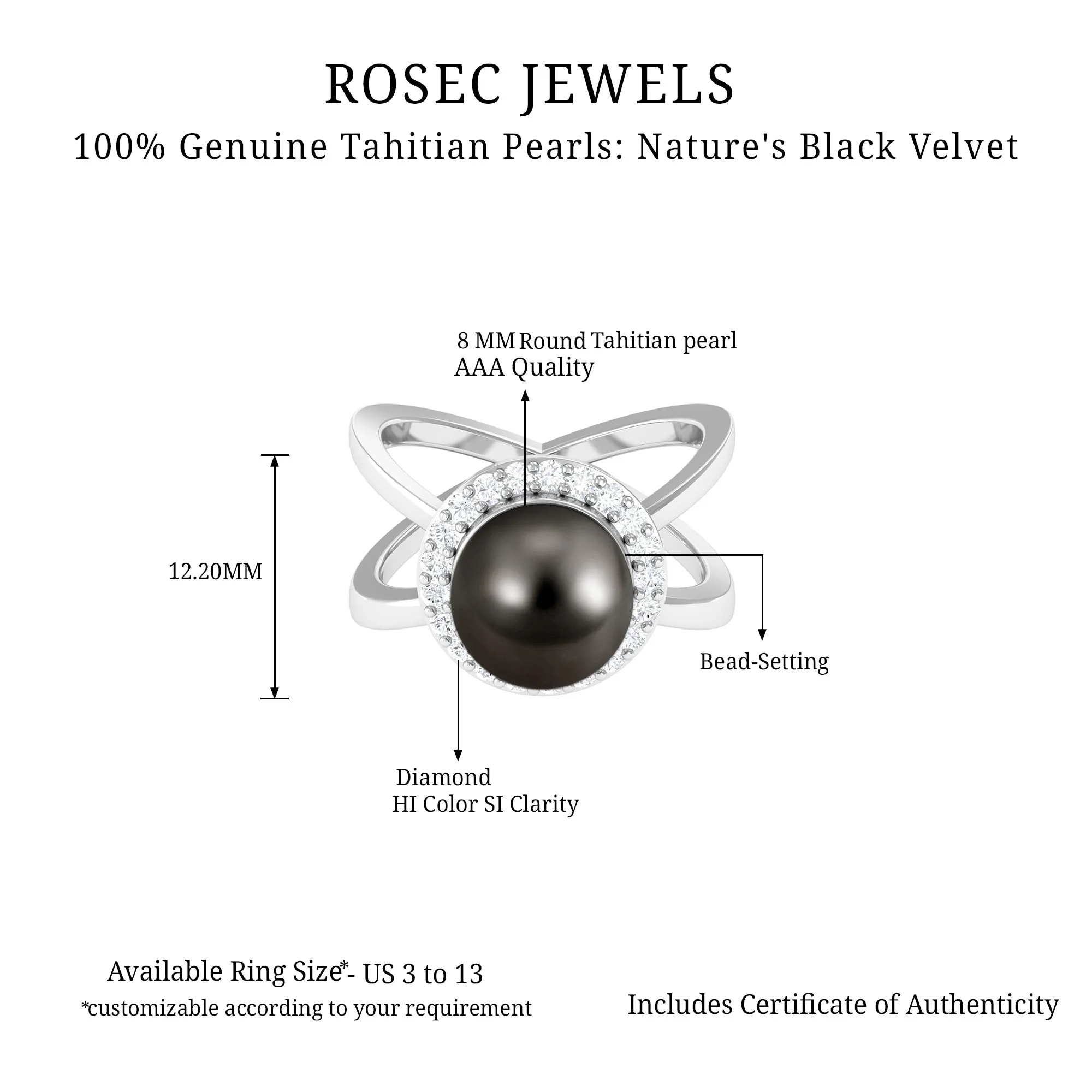 Split Shank Tahitian Pearl Solitaire with Diamond Halo Ring