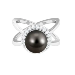 Split Shank Tahitian Pearl Solitaire with Diamond Halo Ring